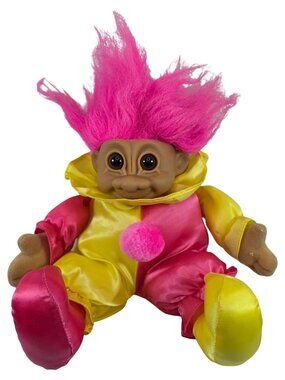 Vintage Russ Clown Troll Doll Pink Hair Yellow Pink Soft Body Jester Plush